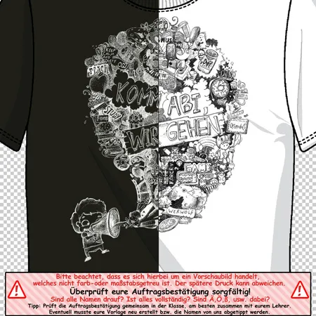 Schwarzes T-Shirt mit weißem grafischen Aufdruck eines Megaphons und Textwolken, die "Abi, wir gehen" sagen.