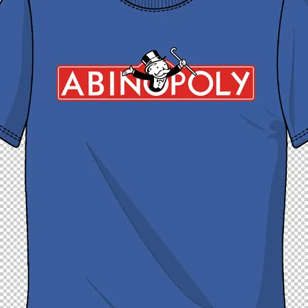 Ein blaues T-Shirt mit einem roten "ABINOPOLY" Logo und einer Zeichnung eines Mannes mit Zylinder.