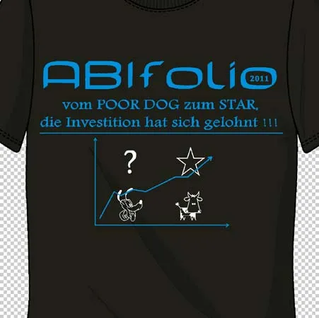 Schwarzes T-Shirt mit blauem Text "ABIfolio 2011" und Grafik von einem Hund, der zum Stern wird.
