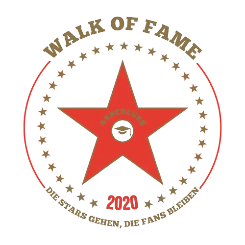 Rotes Sternlogo mit Text "Walk of Fame", "Abschluss 2020" und "Die Stars gehen, die Fans bleiben".