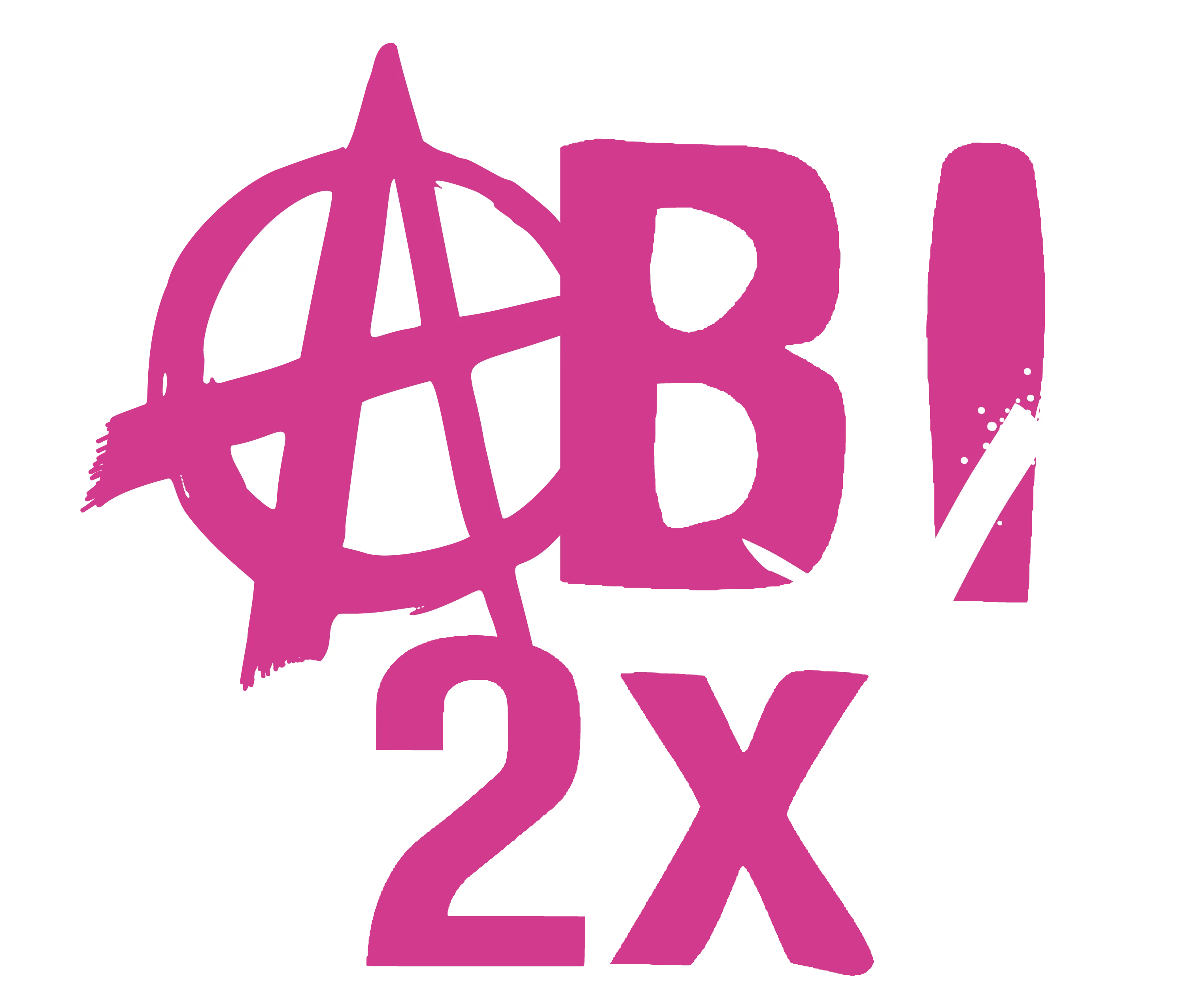 Stilisierter Schriftzug ABI 2X mit pinken Buchstaben auf schwarzem Hintergrund und weißer Farbspritzdekoration