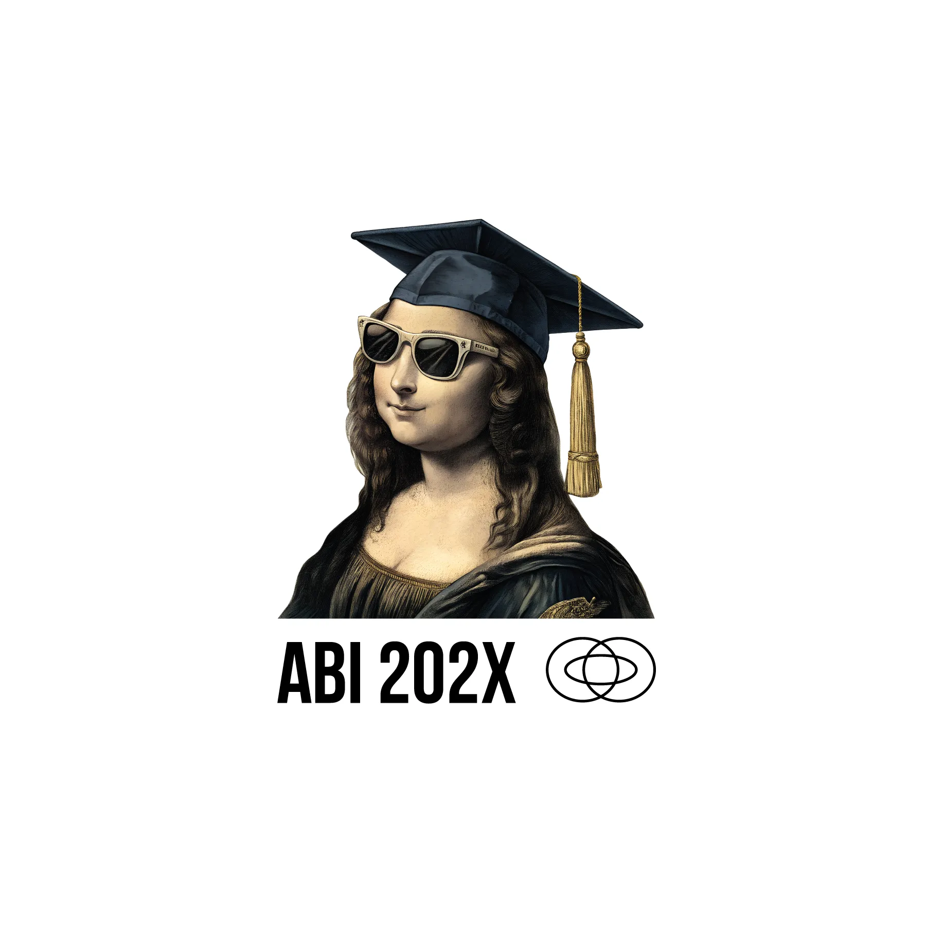 Mona Lisa mit Akademikerhut und Sonnenbrille unter dem Schriftzug ABI 202X neben einem stilisierten Venn Diagramm
