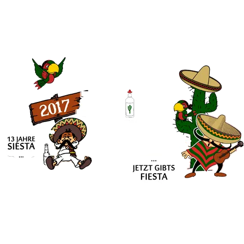 Illustration eines Kaktus und eines Vogels, beide mit Hüten, umgeben von Text "Abios Amigos" und Jahreszahlen.