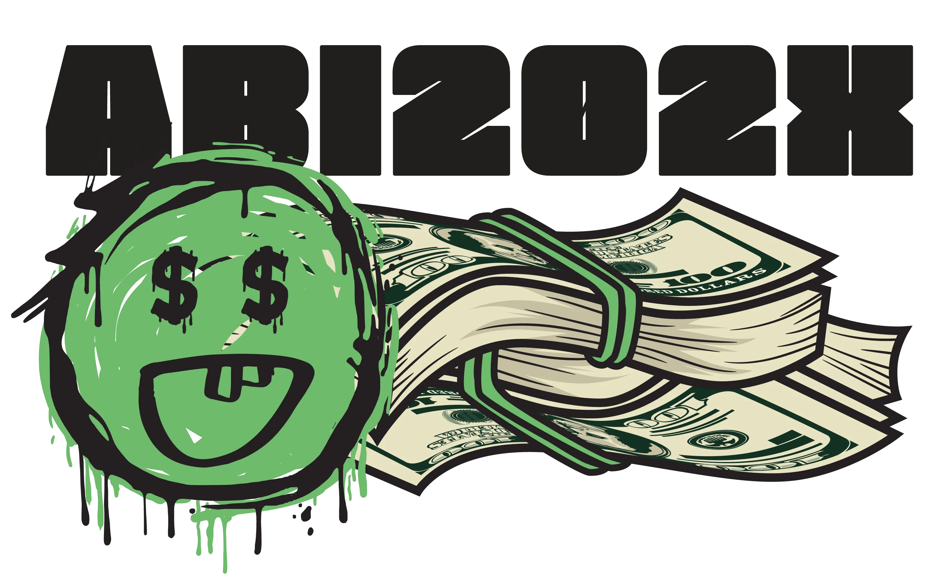 Grüne Kreisgrafik mit Dollar Augen und herausgestreckter Zunge neben fächerförmigem Stapel 100 Dollar Scheine
