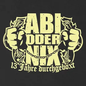 Grafik mit Text "ABI ODER NIX" und zwei karikaturartigen Gesichtern mit Euroscheinen, verbunden durch eine Kette.