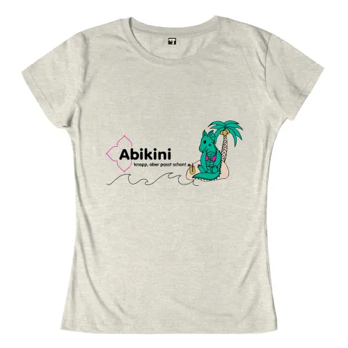 Illustration eines grünen Drachens auf einer Insel mit Palme, neben dem Logo "Abikini".