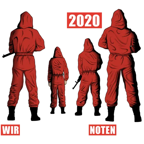 Fünf Personen in roter Kleidung, von hinten, mit den Texten "2020", "WIR", "NOTEN".
