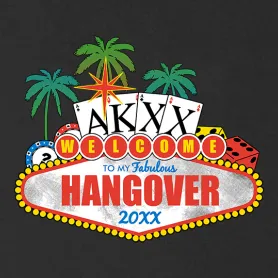 Grafik mit Palmen, Spielkarten und Würfeln, Text "Welcome to my Fabulous Hangover 2017".