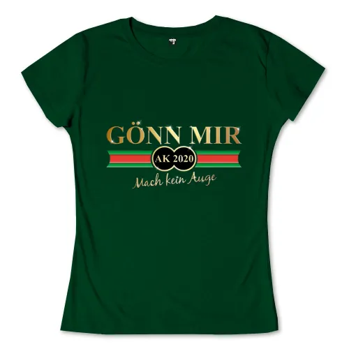 Grafik mit Text "GÖNN MIR (AK 2020) Mach kein Auge" auf grünem Hintergrund, rote und goldene Streifen oben und unten.