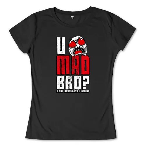 Grafisches T-Shirt-Design mit dem Text "U MAD BRO?" in großen roten Buchstaben und einem wütenden Cartoon-Gesicht.