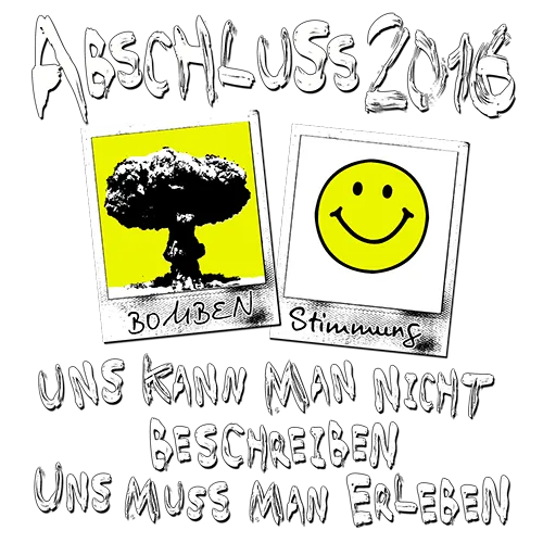 Grünes T-Shirt mit der Aufschrift "ABSCHLUSS 2016" und Bildern eines Baumes und lachenden Gesichts.