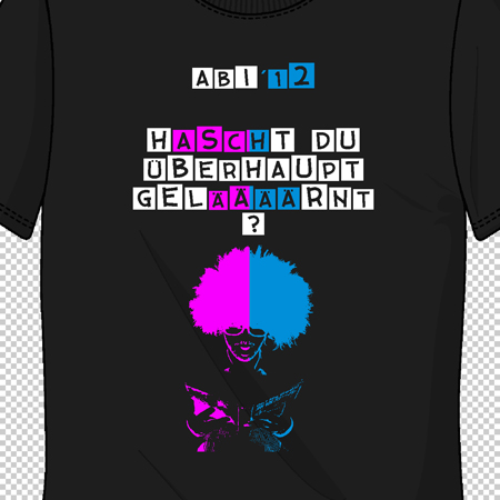 Grafisches T-Shirt mit gespaltener Gesichtsillustration und Schmetterling, Text darüber.