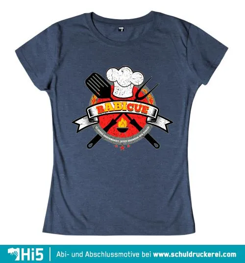 Illustration eines Kochs in rotem Hemd mit Grillzubehör und dem Wort 'BABICUE'.