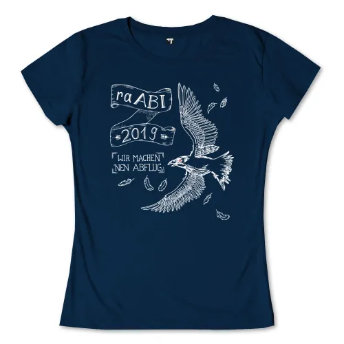 Zeichnung einer fliegenden Krähe mit Banner "raABI 2019" und Text "Wir machen 'nen Abflug".