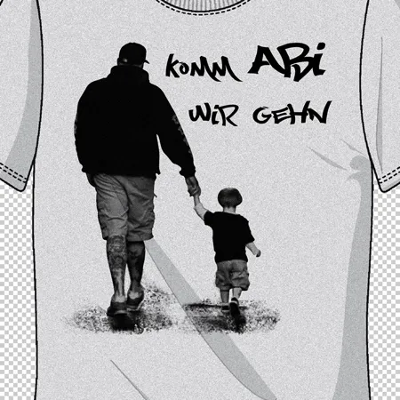 Ein Erwachsener und ein Kind gehen Hand in Hand, integriert in das Design eines T-Shirts mit Text "Komm Abi wir gehn".