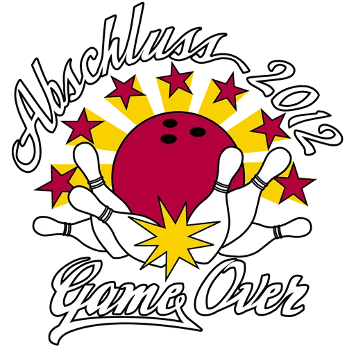 Design mit Bowlingkugel, Händen und "Abschluss 2012 Game Over" Text auf grünem Hintergrund.