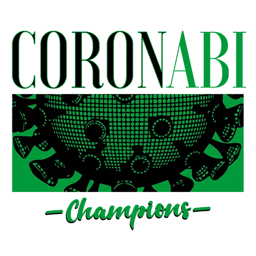 Design mit Aufschrift 'CORONABI - Champions', umringt von Virensymbolen auf grünem Banner.