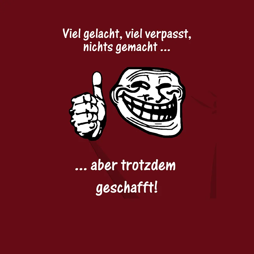 Zeichnung eines lächelnden Gesichts mit Daumen hoch und Text auf rotem Hintergrund.