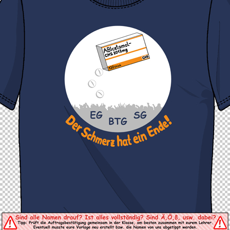 Blauer T-Shirt-Entwurf mit einer Medikamentenpackung und der Aufschrift "Der Schmerz hat ein Ende!".