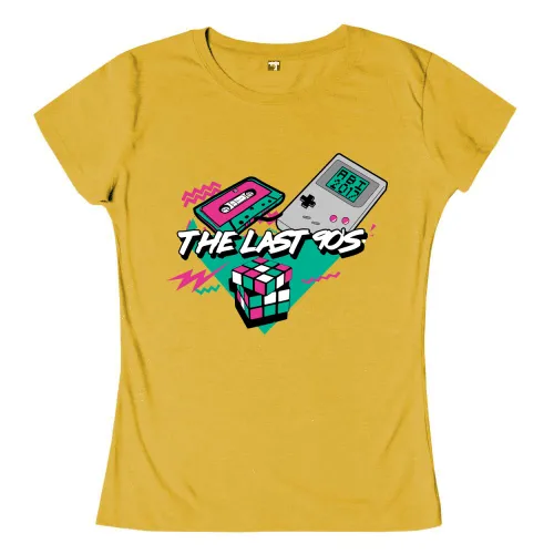 Grafik mit Kassette, Handheld-Spiel, Zauberwürfel und 'The Last 90s' Text auf gelbem Hintergrund.