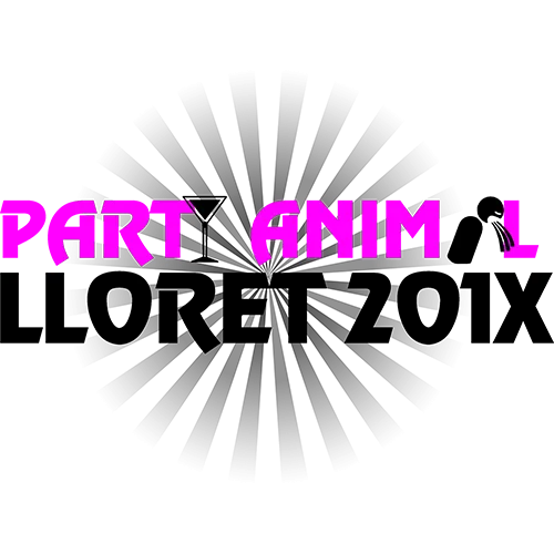 Grafik mit Text "PART ANIMAL LLORΞT 20IX" und Silhouette eines Feiernden auf blauem Hintergrund.