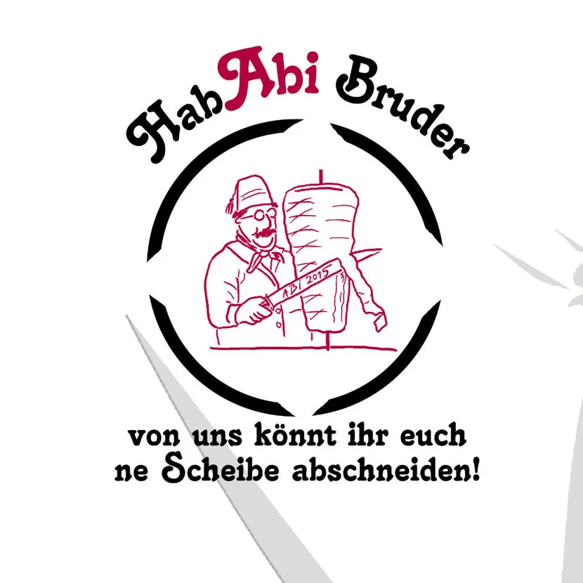 Illustration eines Mannes beim Schneiden von Döner Kebab, umgeben von kreisförmigem Text.
