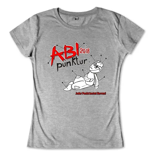 Graues T-Shirt mit Aufdruck einer cartoonartigen Fliege, "ABI 2018" und "Punktur" in Rot. Text: "Jeder Punkt kostet Nerven!".