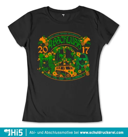 Schwarzes T-Shirt mit buntem Design, das einen VW-Bus, Blumen und die Aufschrift "Abi Abschluss 2017" zeigt.