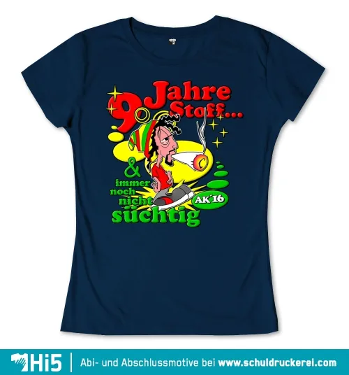 Karikatur einer Person im Rasta-Look, die eine Suppe rührt, mit Text "90 Jahre Stoff... & immer noch nicht süchtig AK'16"