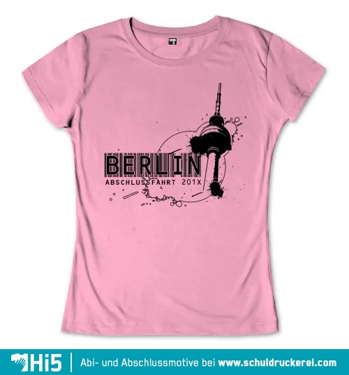 Grafik mit "BERLIN" und Fernsehturm-Silhouette, Text "Abschlussfahrt 201X", rosa Hintergrund.