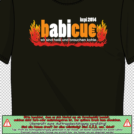 Schwarzes T-Shirt mit der Aufschrift "habicue" und Flammen, darüber "kepi2014" und unten ein Spruch.