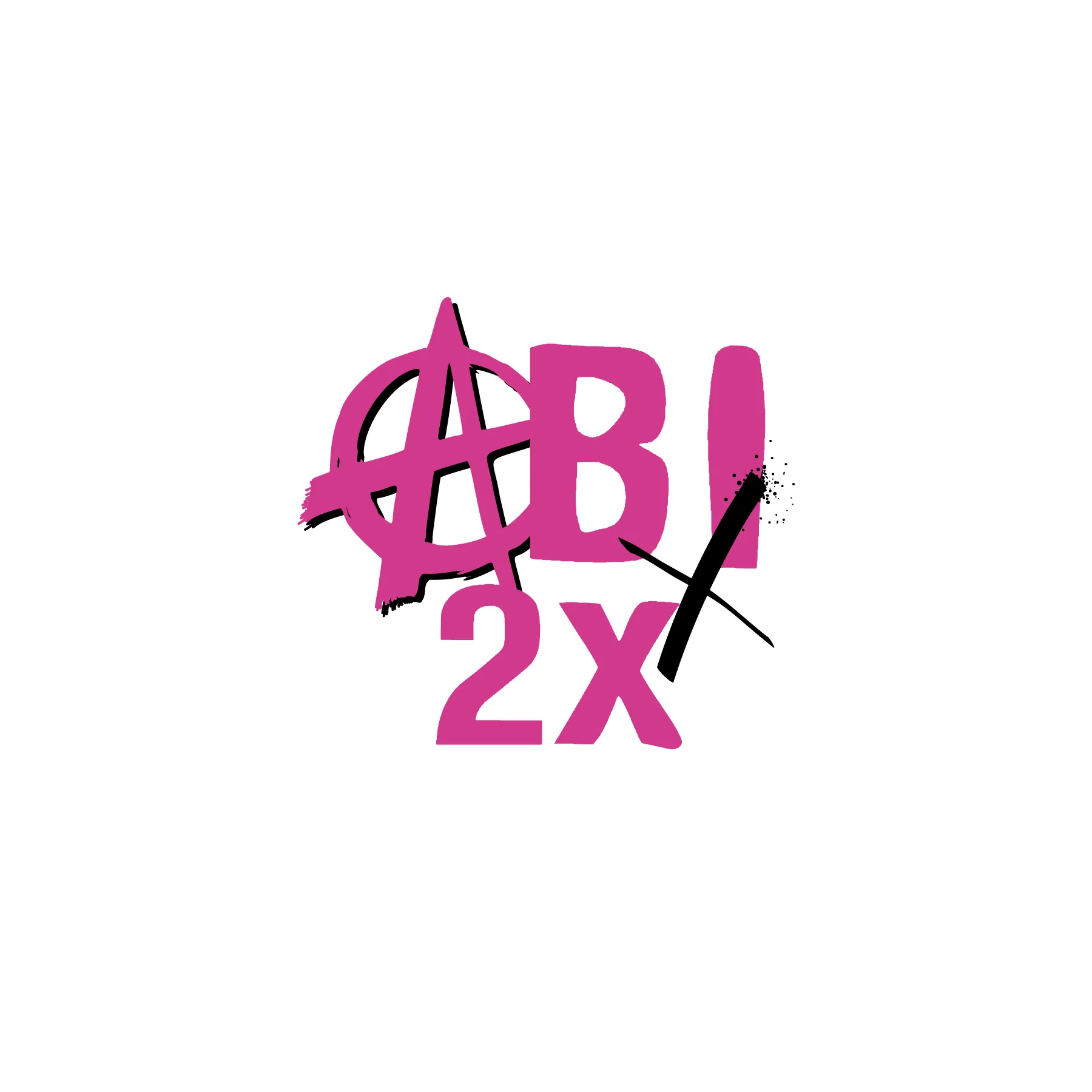 Graffiti Schriftzug ABI 2X in pink mit schwarzem diagonalen Pinselstrich und Farbspritzern auf weissem Hintergrund