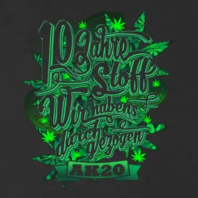 Grünes, schwarz hinterlegtes Design mit Schriftzug "10 Jahre Stoff" und "Wir haben's durchgezogen".