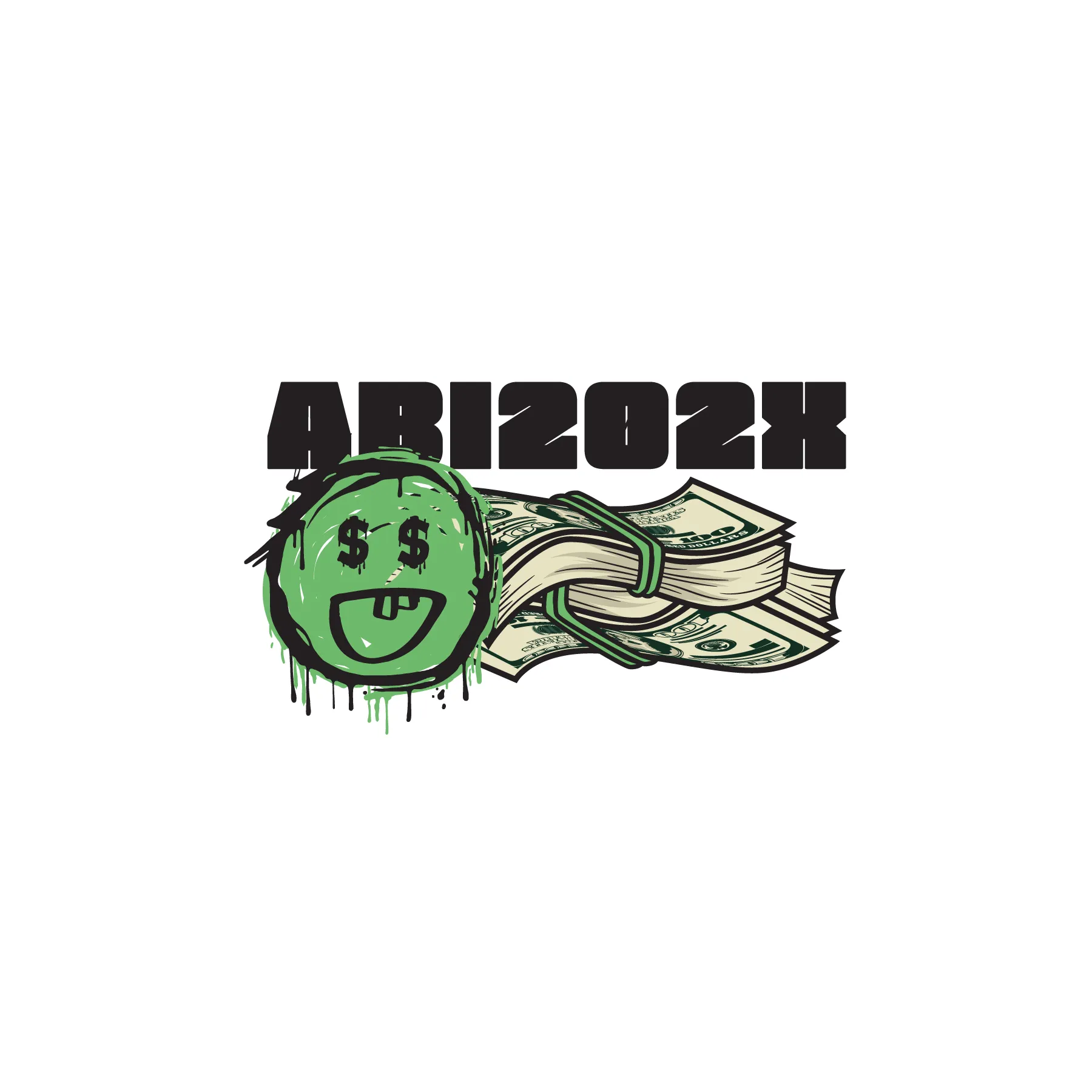 Schriftzug ABI202X ueber gruener tropfender Smiley mit Dollaraugen neben einem Buendel US Dollar Scheine