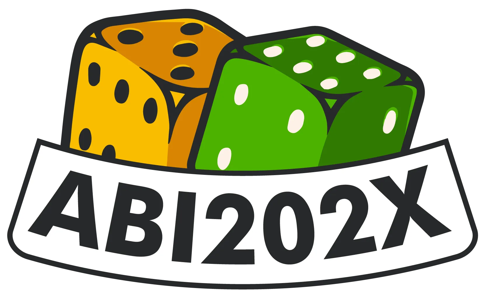 Zwei gruene und ein gelb orange Wuerfel mit schwarzen Punkten auf einem weissen Banner mit der schwarzen Schrift ABI202X