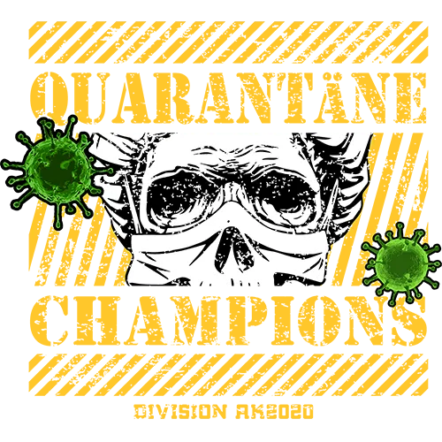 Grafik mit einem Totenkopf, umgeben von Virenmolekülen und dem Text "Quarantine Champions".