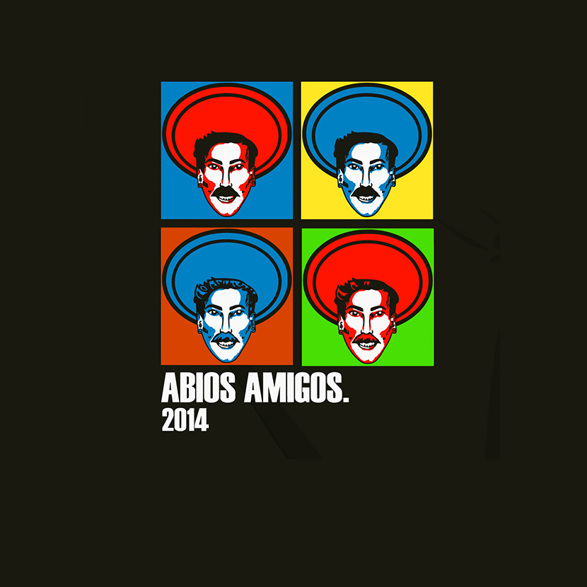 Vier Porträts in Pop-Art-Stil mit übereinander liegenden Kreisen als Hintergrund, darunter Text 'ABIOS AMIGOS. 2014'.