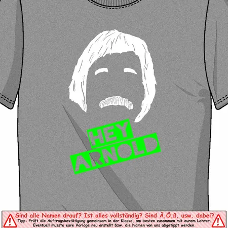 Graues T-Shirt mit weißem Bartporträt und grünem Text "HEY ARNOLD".
