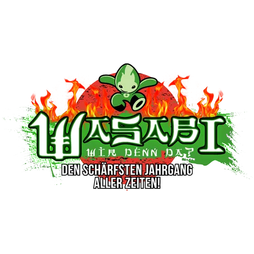 Grünes Wasabi-Logo mit Flammen, Text "Den schärfsten Jahrgang aller Zeiten!" auf gelbem Hintergrund.