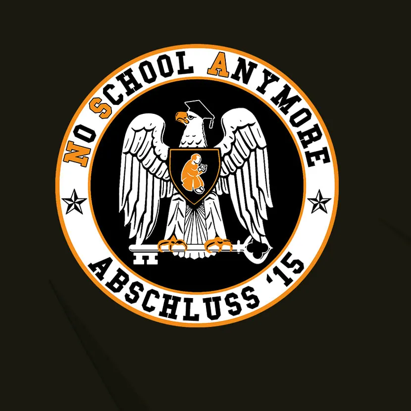 abschluss_2015_logo Logo mit Adler, Wappen und Text "NO SCHOOL ANYMORE ABSCHLUSS '15" auf Schwarz.