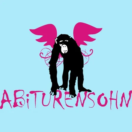 Illustration eines Affen mit Flügeln, darüber der Text 'ABITURENSOHN' in rosa auf türkisem Hintergrund.