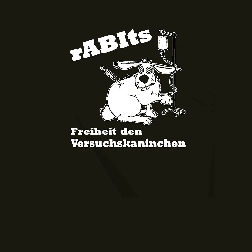Kaninchen mit verschiedenen medizinischen Geräten und dem Text "Freiheit den Versuchskaninchen".