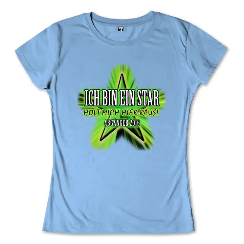 Logo mit Text "Ich bin ein Star - Holt mich hier raus!" und "Abgänger 2016" auf grünem Stern vor blauem Hintergrund.
