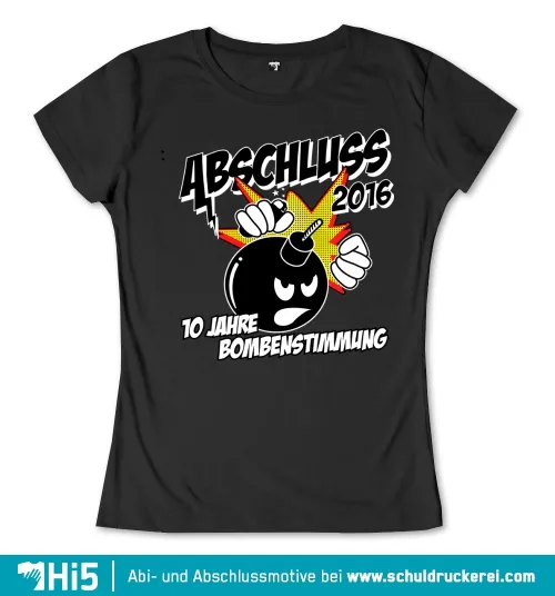 Grafik mit Text "Abschluss 2016, 10 Jahre Bombenstimmung", einer Bombe in Comic-Stil und einer Explosion.