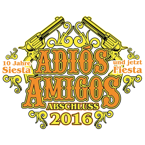 Grafik mit Text "Adios Amigos Abschluss 2016", zwei gekreuzten Gitarren und Webseite unten.