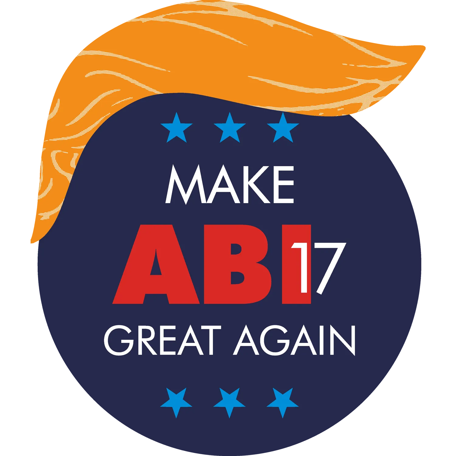 Logo mit Text "MAKE AB17 GREAT AGAIN" in Rot, blauer Hintergrund, gelber Strich oben, drei blaue Sterne.