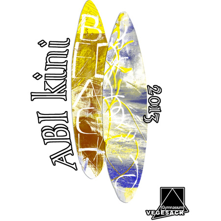 Zwei Surfboards mit gelber und blauer Wischtechnik und der Aufschrift "ABI Kuni 2012" darüber.