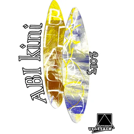 Zwei Surfboards mit gelber und blauer Wischtechnik und der Aufschrift "ABI Kuni 2012" darüber.