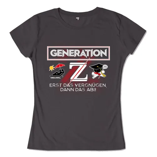 Grafik mit 'Generation Z' Text, Figur unter Sonnenschirm, Akademikerhut und Diploma, Aufschrift 'Chill now... work later!'