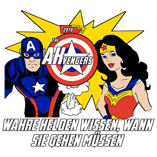 Zeichnung von zwei Superhelden neben einem Logo mit Text "The AKvengers 2017", Untertitel auf Deutsch.